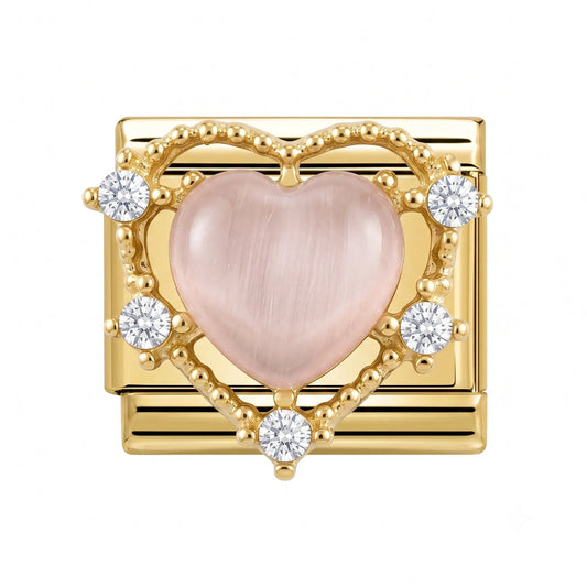 Charm italien doré Cœur Pierre Rose Rotatif en acier inoxydable pour bracelet - Charmsy
