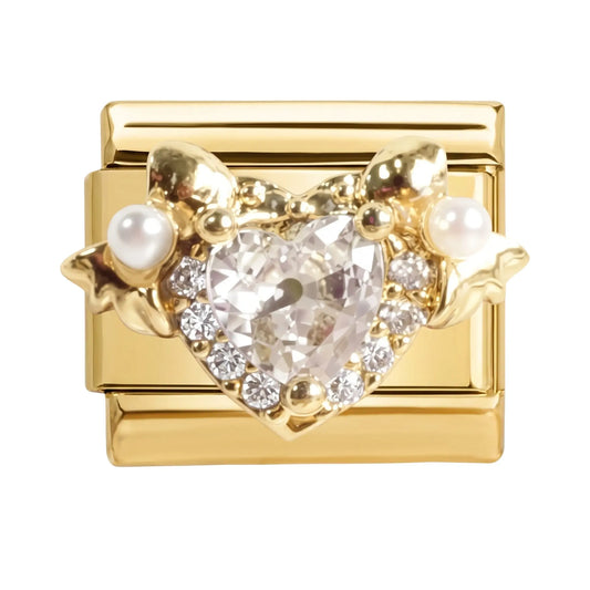 Charm italien doré Cœur Strass & Perles en acier inoxydable pour bracelet - Charmsy